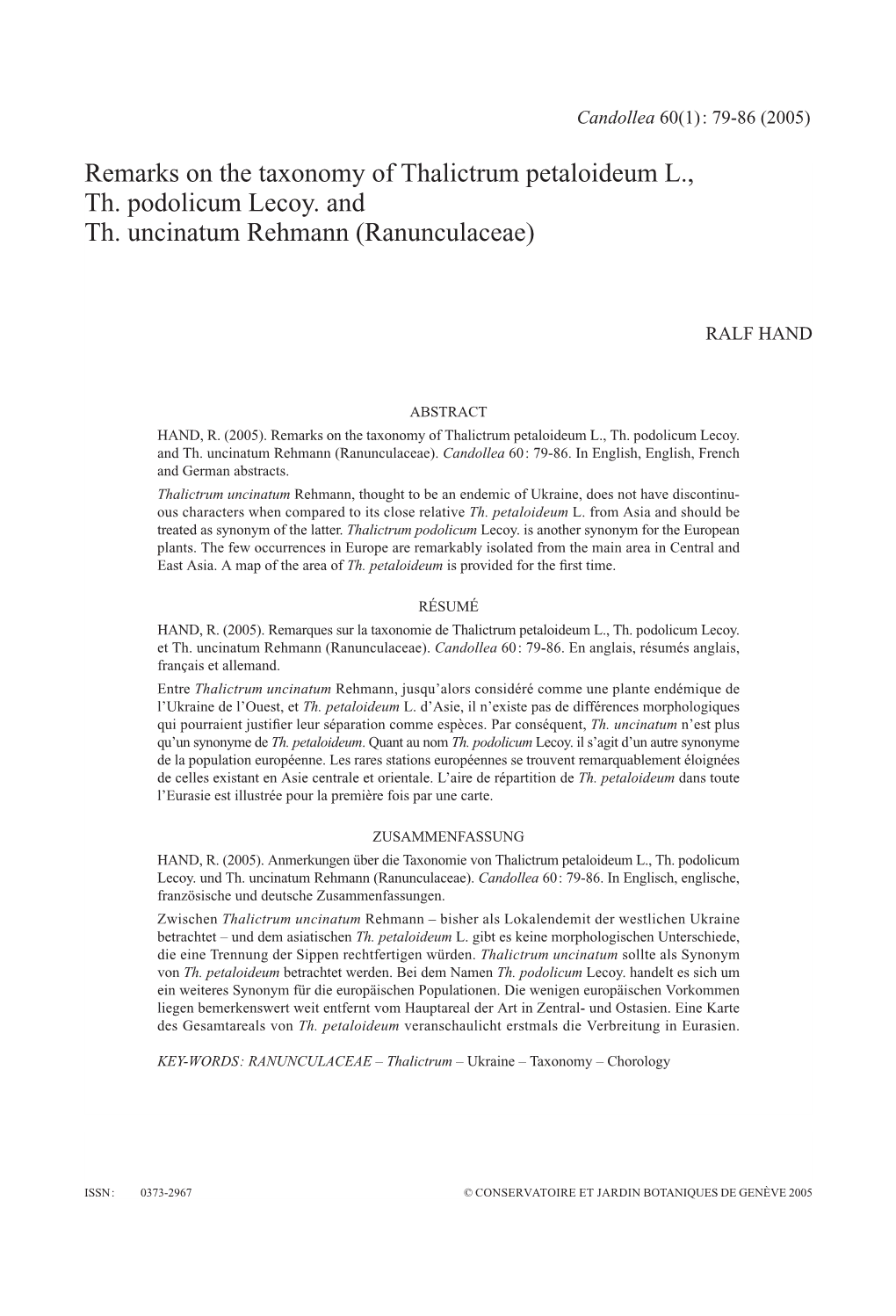 Remarks on the Taxonomy of Thalictrum Petaloideum L., Th