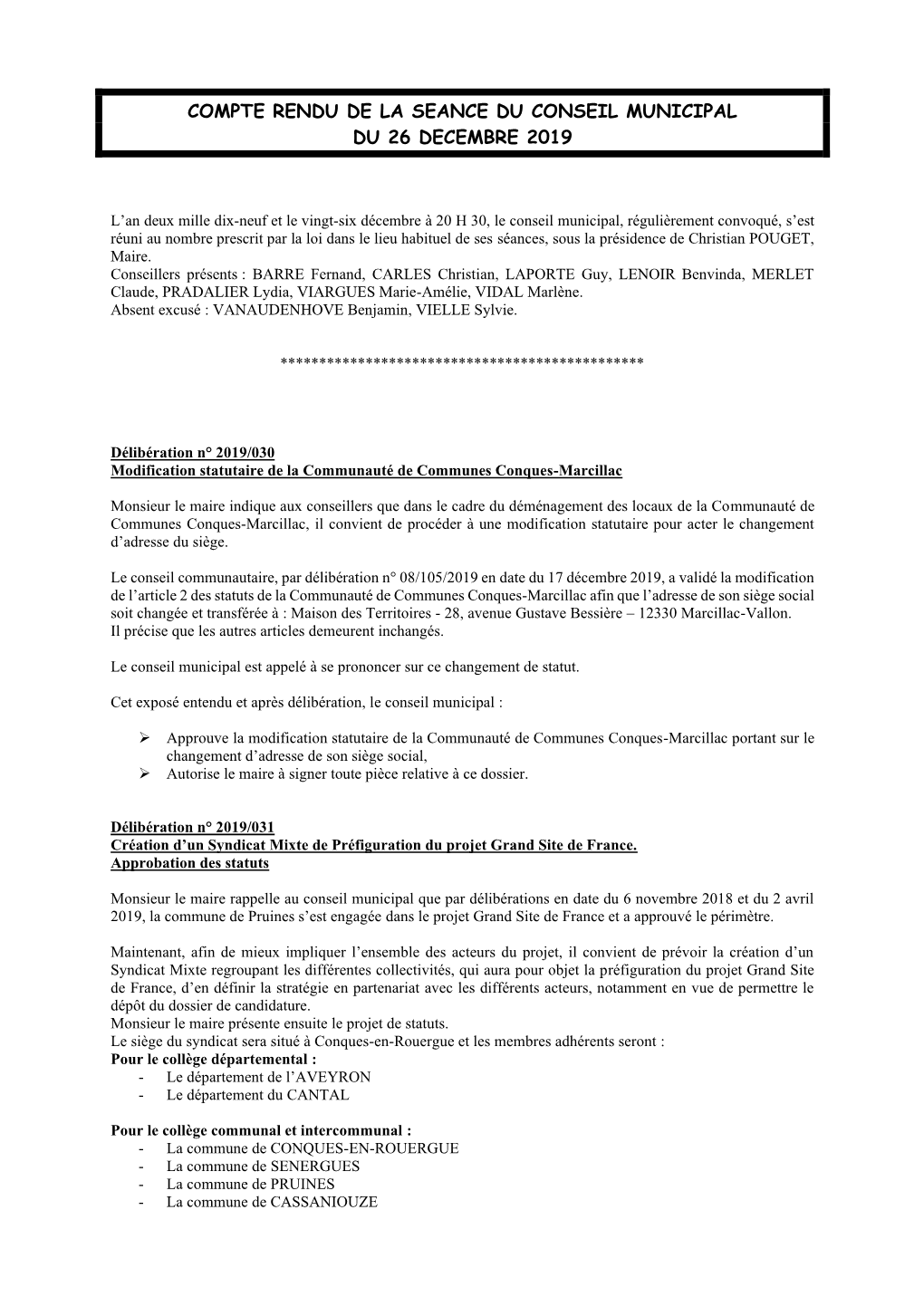 Compte Rendu De La Seance Du Conseil Municipal Du 26 Decembre 2019