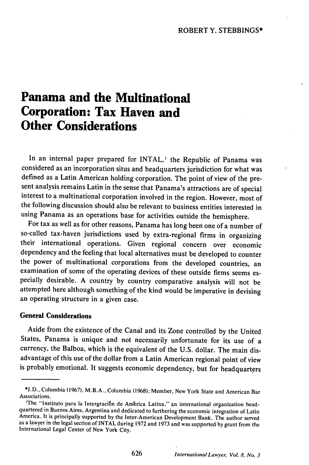 Panama and Multinaitonal Corporation: Tax Haven and Other