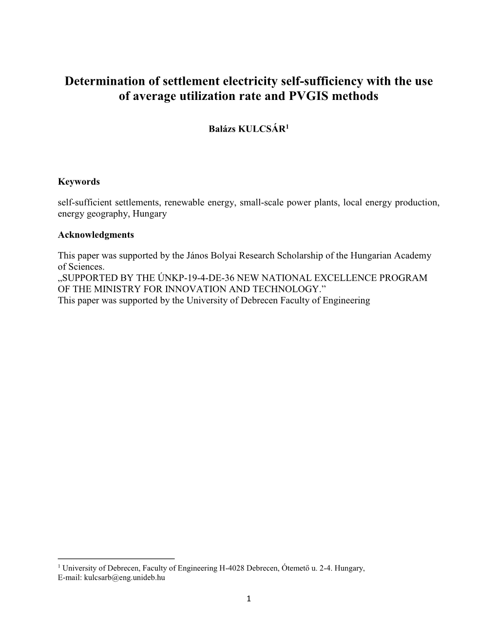 Determination of Settlement Electricity Self-Sufficiency with the Use of Average Utilization Rate and PVGIS Methods