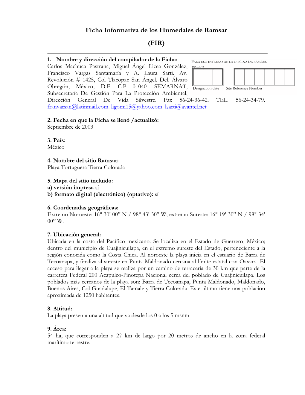 Ficha Informativa De Los Humedales De Ramsar (FIR)