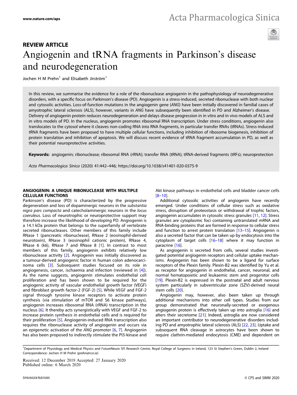 Angiogenin and Trna Fragments in Parkinsonâ€™S Disease And