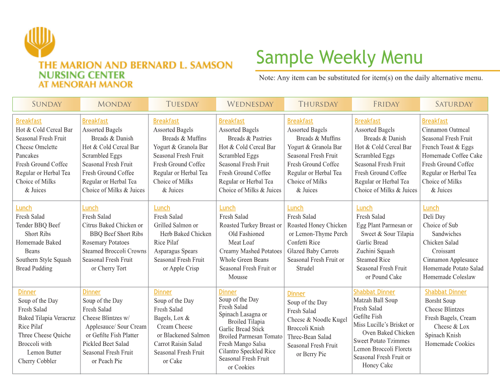 Sample Weekly Menu Note: Any Item Can Be Substituted for Item(S) on the Daily Alternative Menu