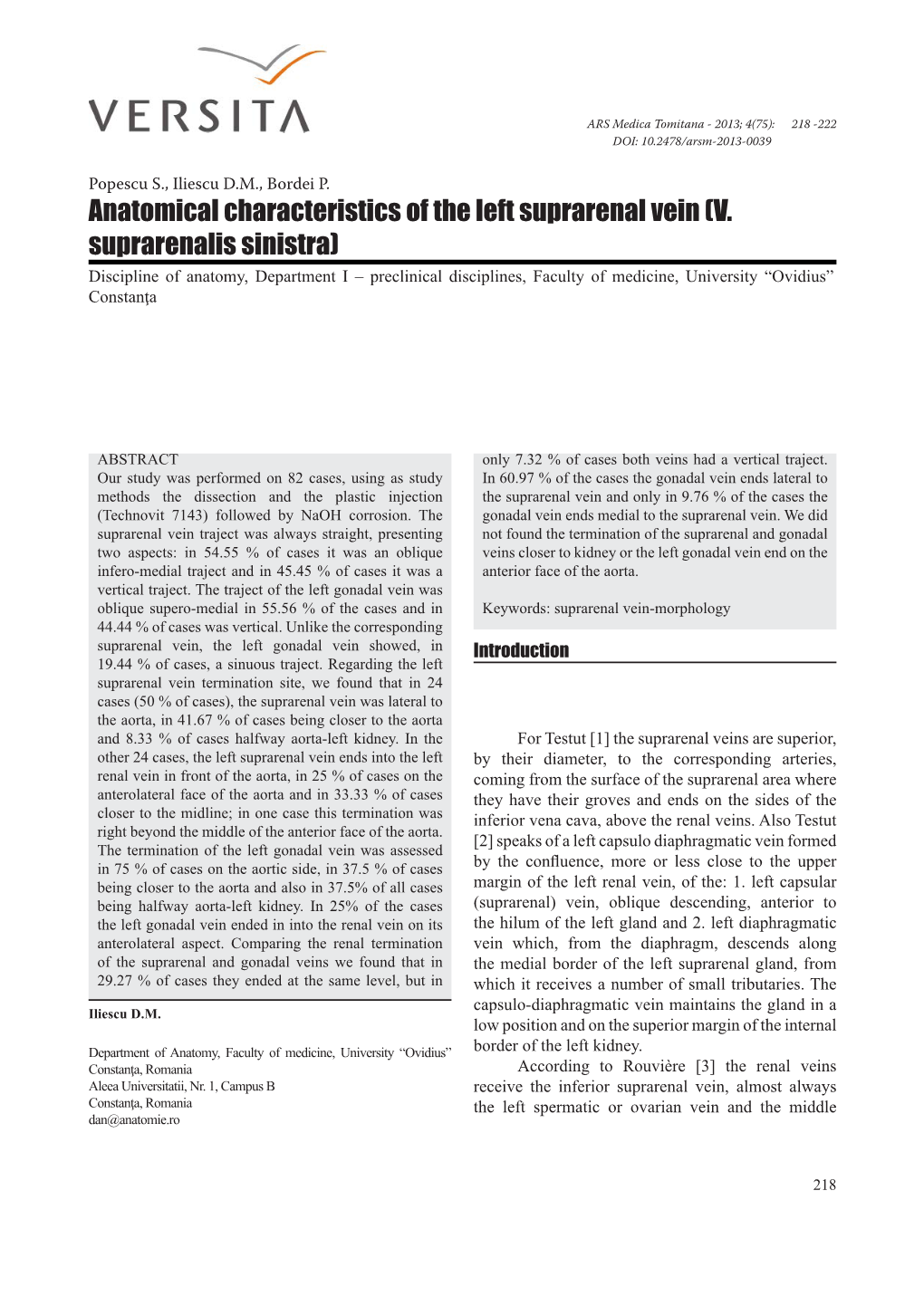Anatomical Characteristics of the Left Suprarenal Vein (V