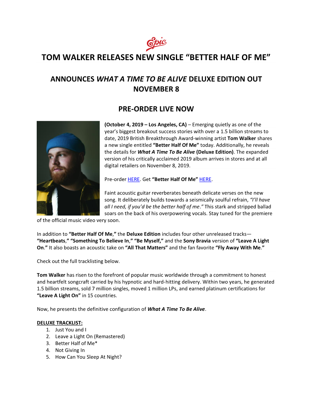 Tom Walker Releases New Single “Better Half of Me”