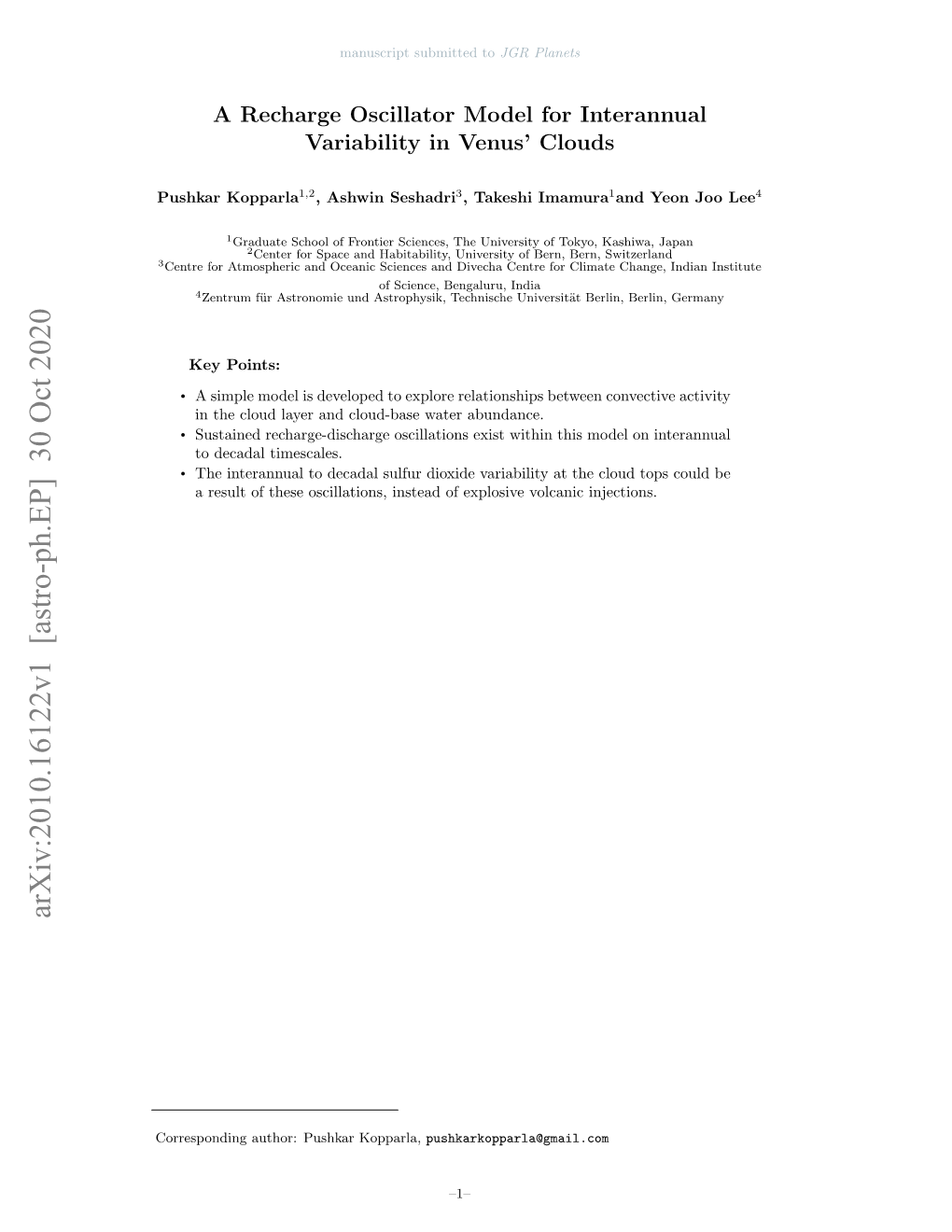 A Recharge Oscillator Model for Interannual Variability in Venus’ Clouds