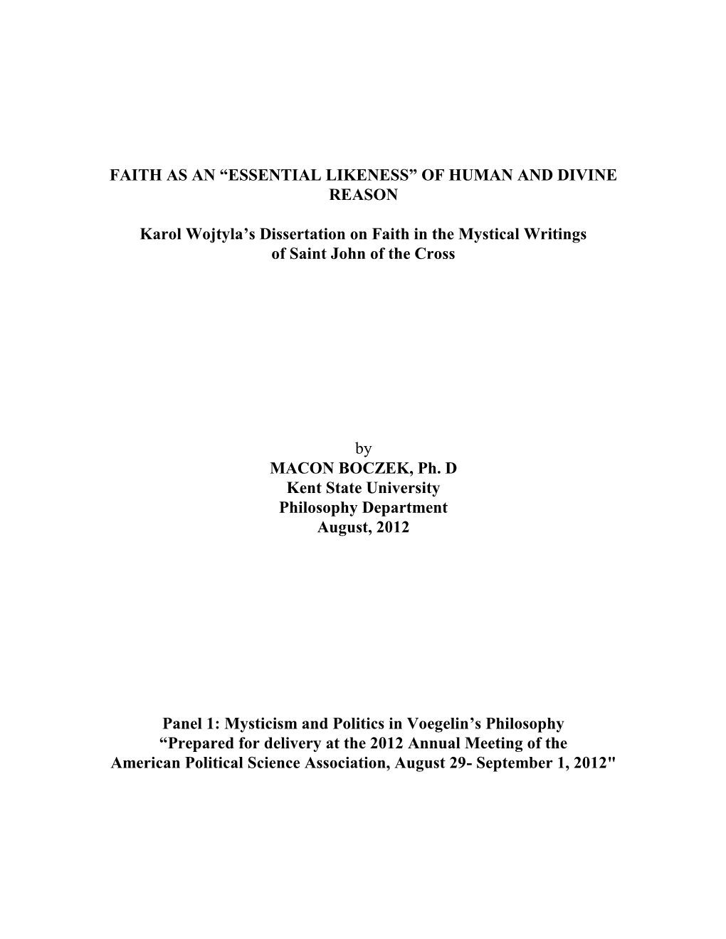Of the Human and Divine Reason: Karol Wojtyla's Dissertation on Faith