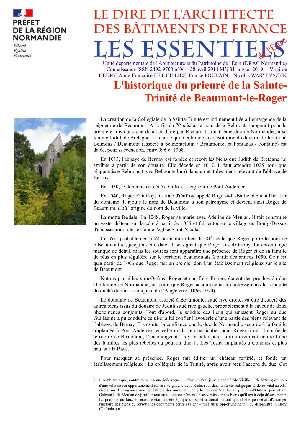 L'historique Du Prieuré De La Sainte- Trinité De Beaumont-Le-Roger