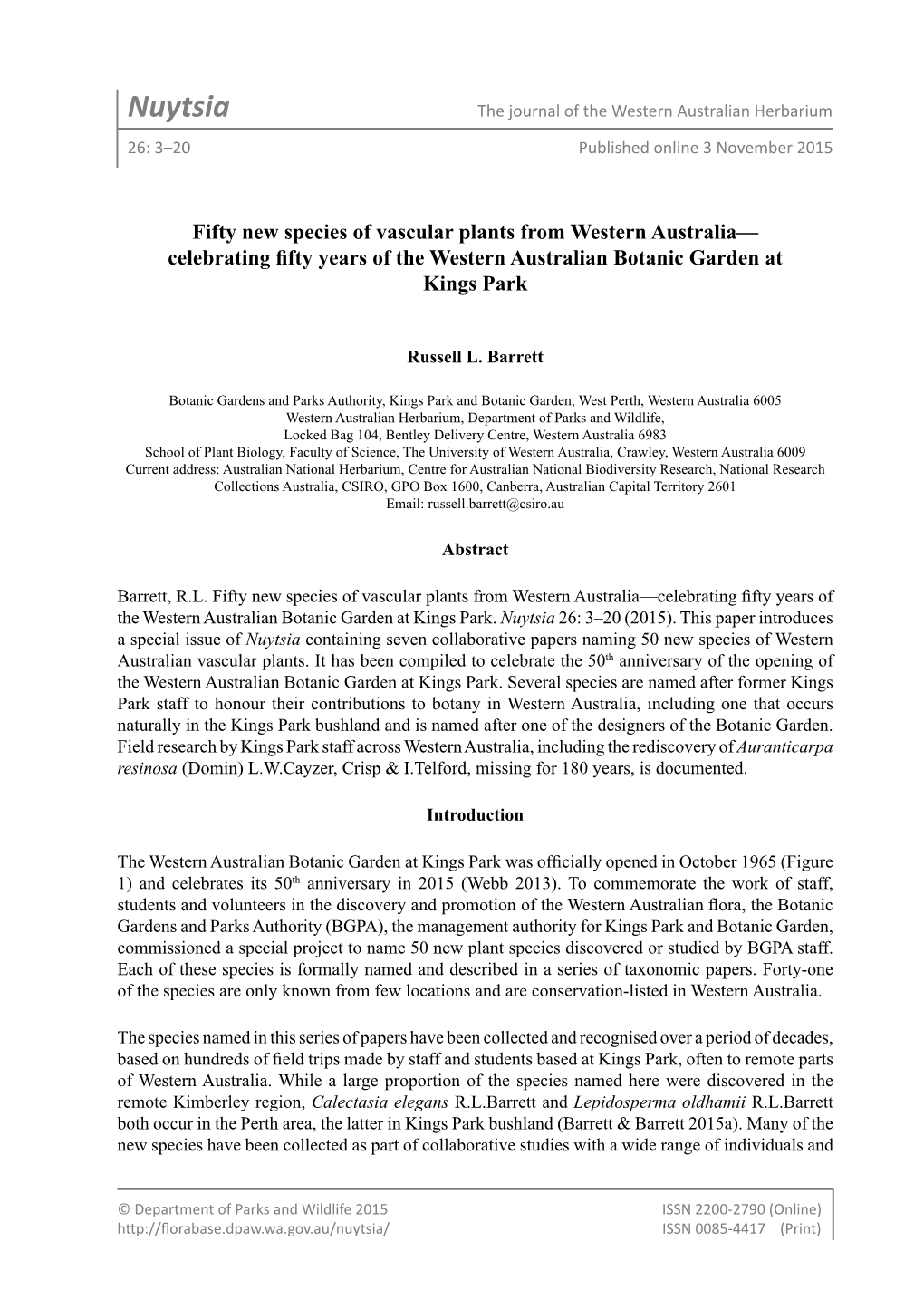 Nuytsia the Journal of the Western Australian Herbarium 26: 3–20 Published Online 3 November 2015