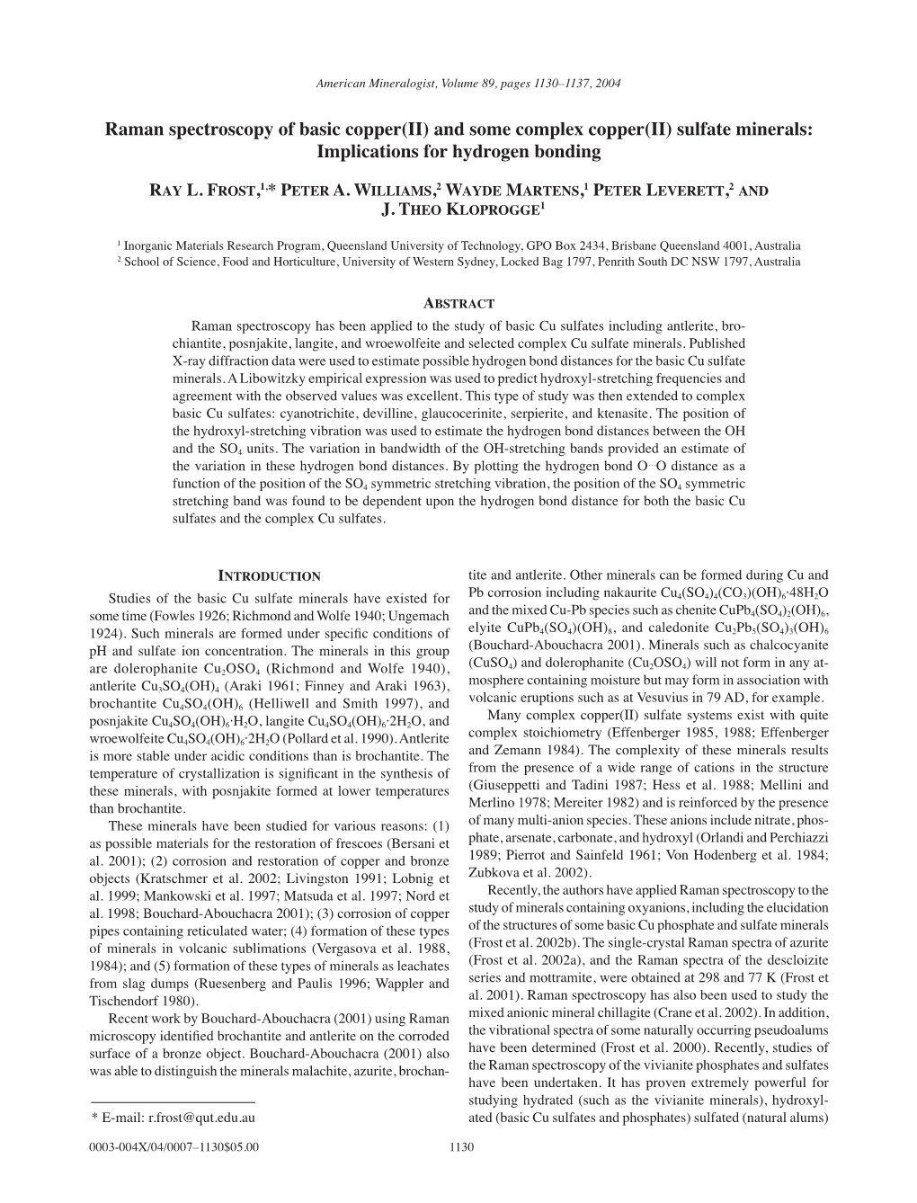 Raman Spectroscopy of Basic Copper(II) and Some Complex Copper(II) Sulfate Minerals: Implications for Hydrogen Bonding