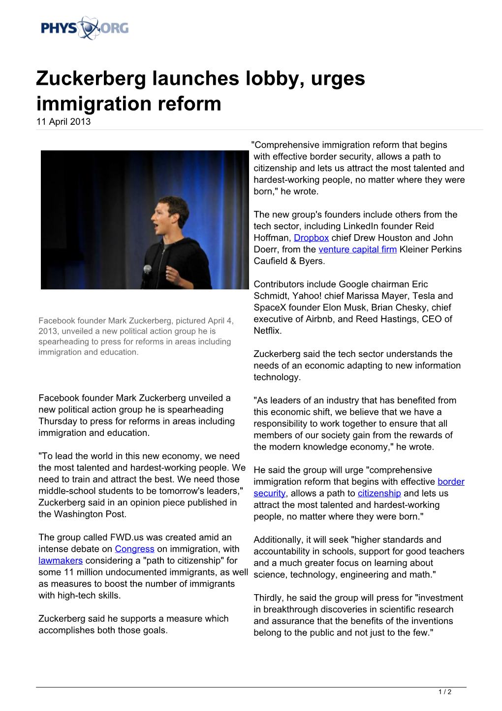Zuckerberg Launches Lobby, Urges Immigration Reform 11 April 2013