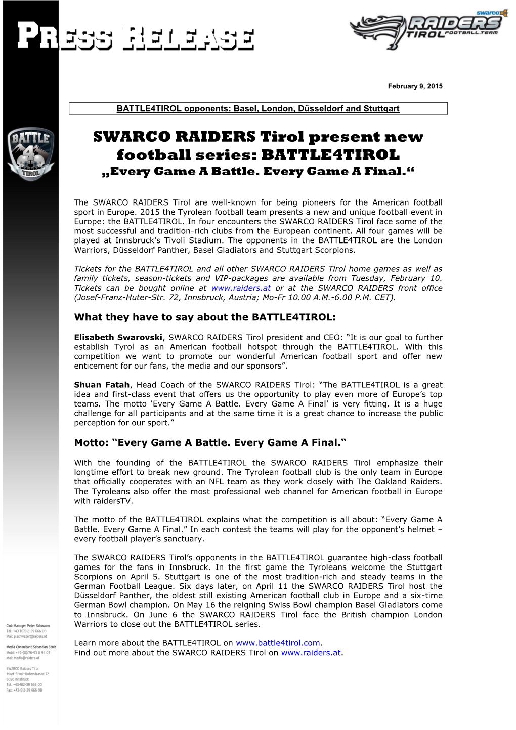 SWARCO RAIDERS Tirol Present New Football Series: BATTLE4TIROL „Every Game a Battle
