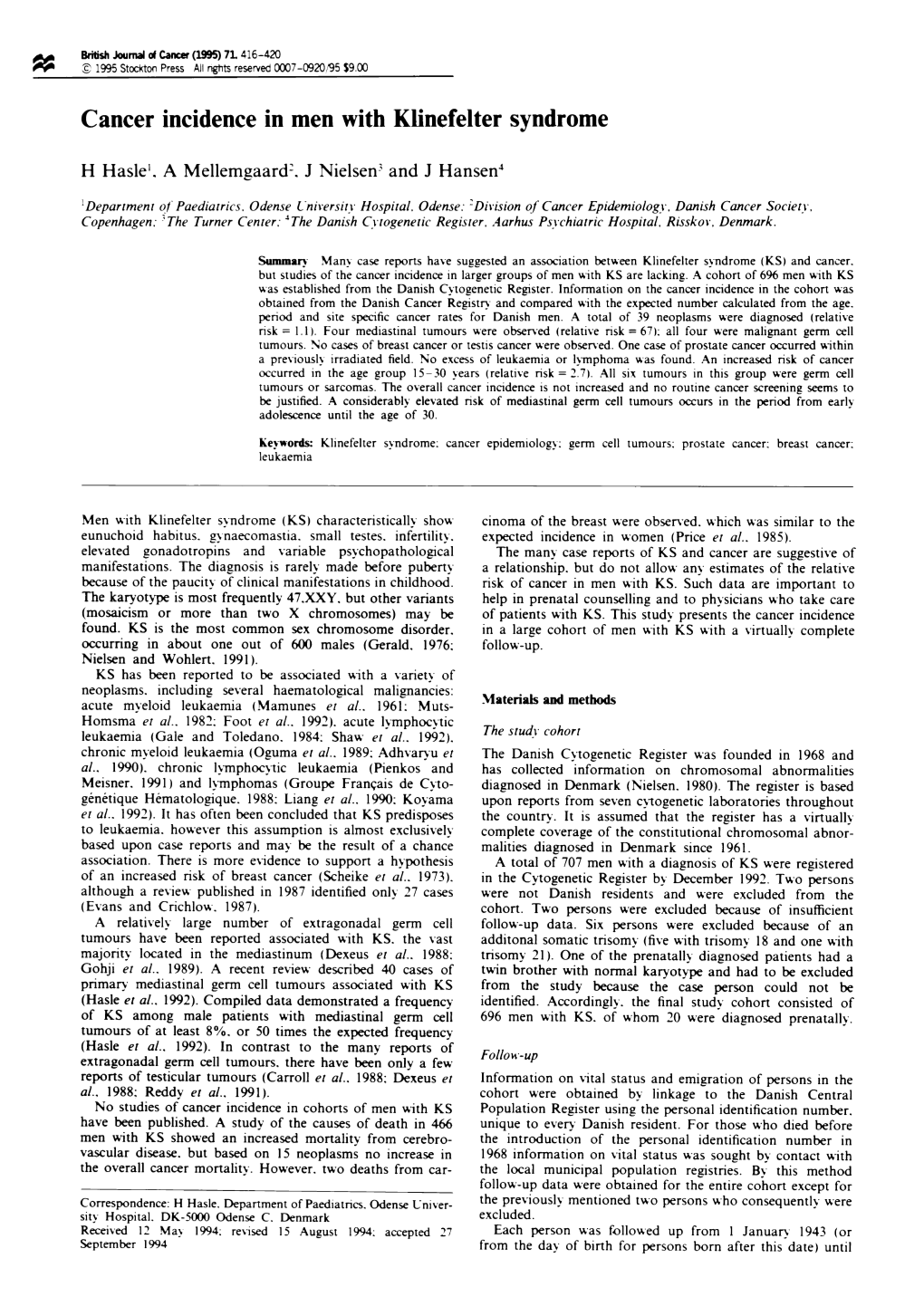 Cancer Incidence in Men with Klinefelter Syndrome