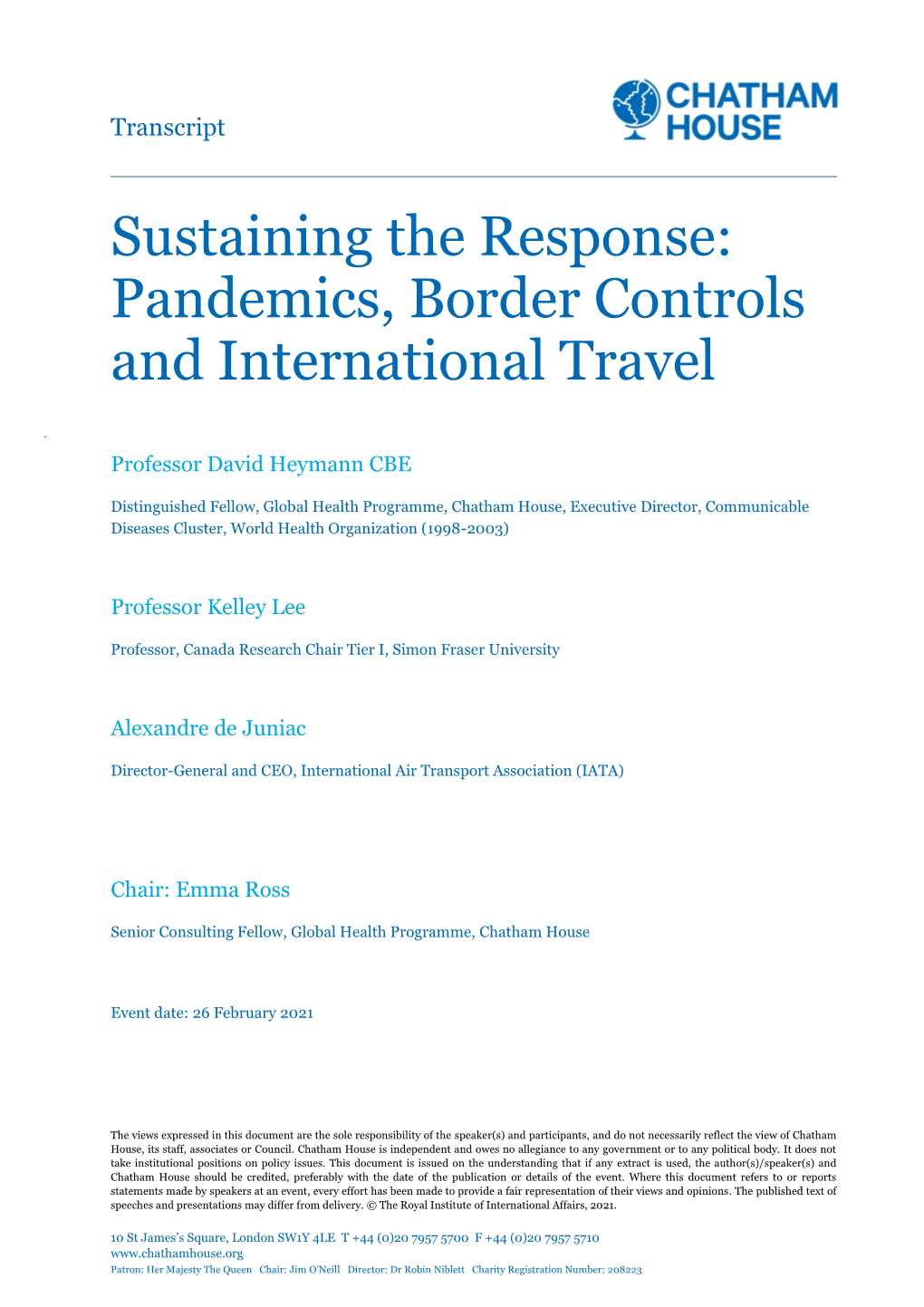 Sustaining the Response: Pandemics, Border Controls and International Travel