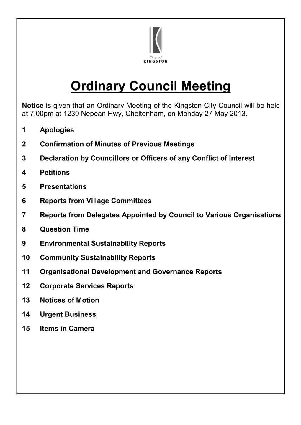 Agenda Ordinary Council Meeting