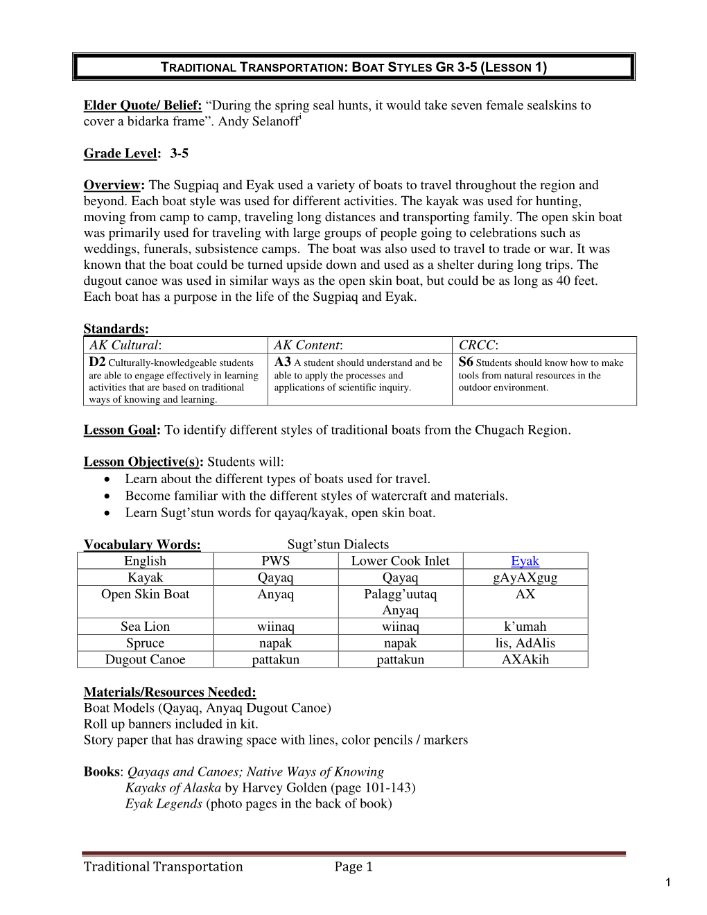 Traditional Transportation Page 1 Elder Quote/ Belief: “During the Spring Seal Hunts, It Would Take Seven Female Sealskins To