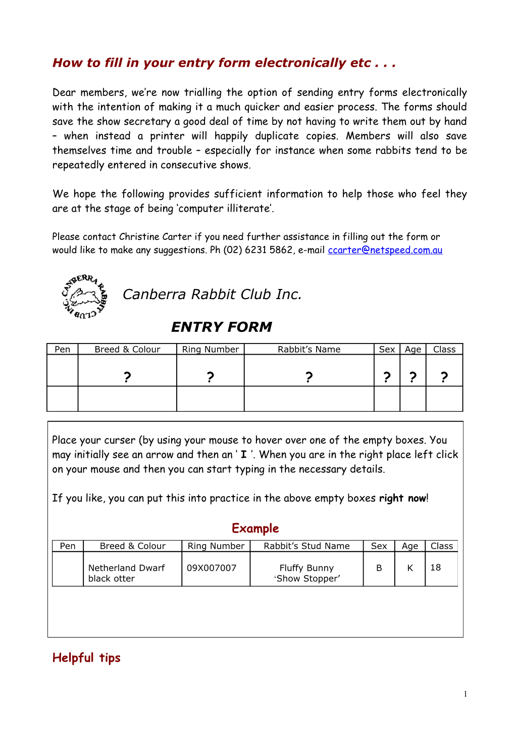 Canberra Rabbit Club Official Entry Form