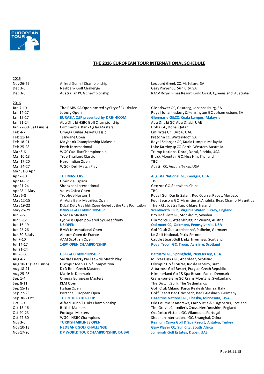 The 2016 European Tour International Schedule