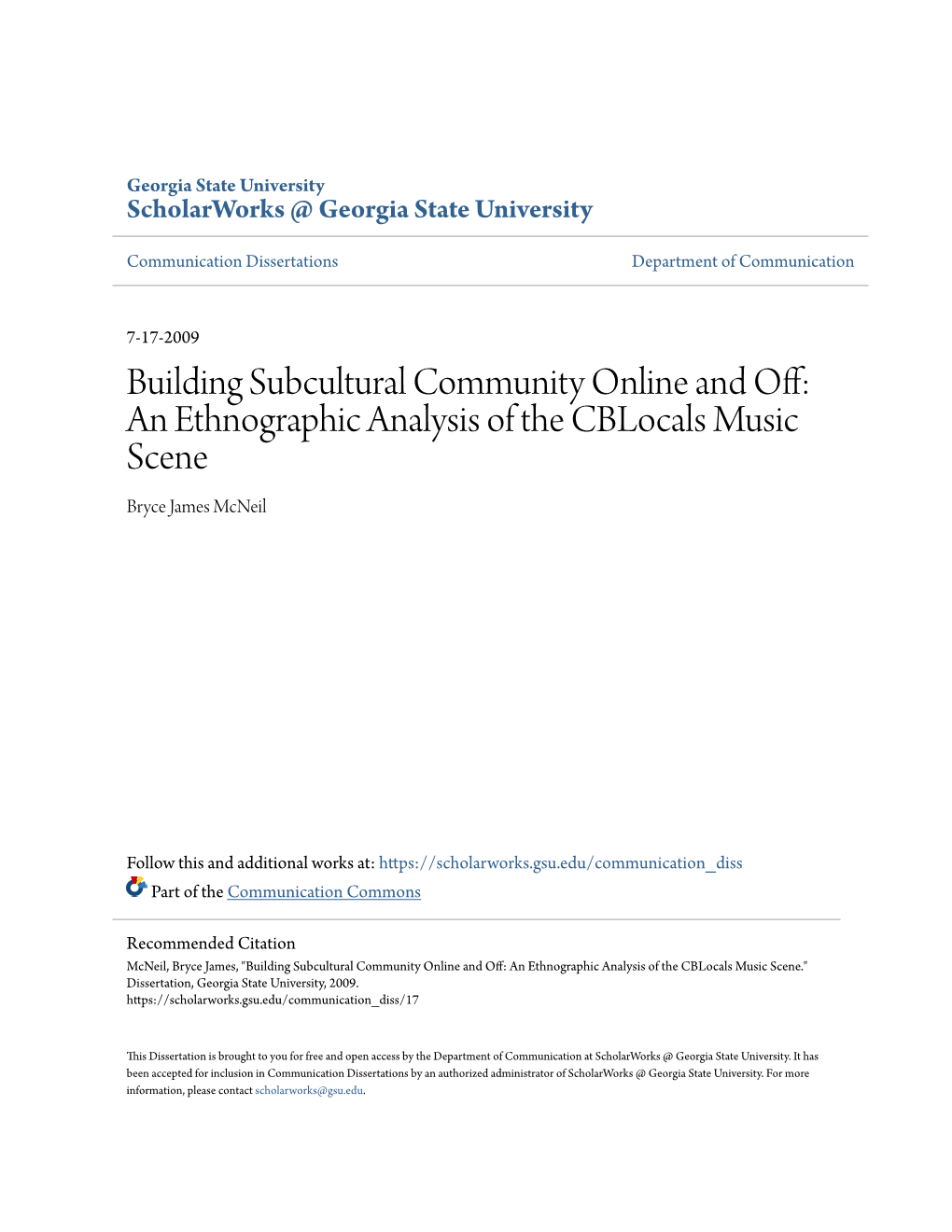 An Ethnographic Analysis of the Cblocals Music Scene Bryce James Mcneil