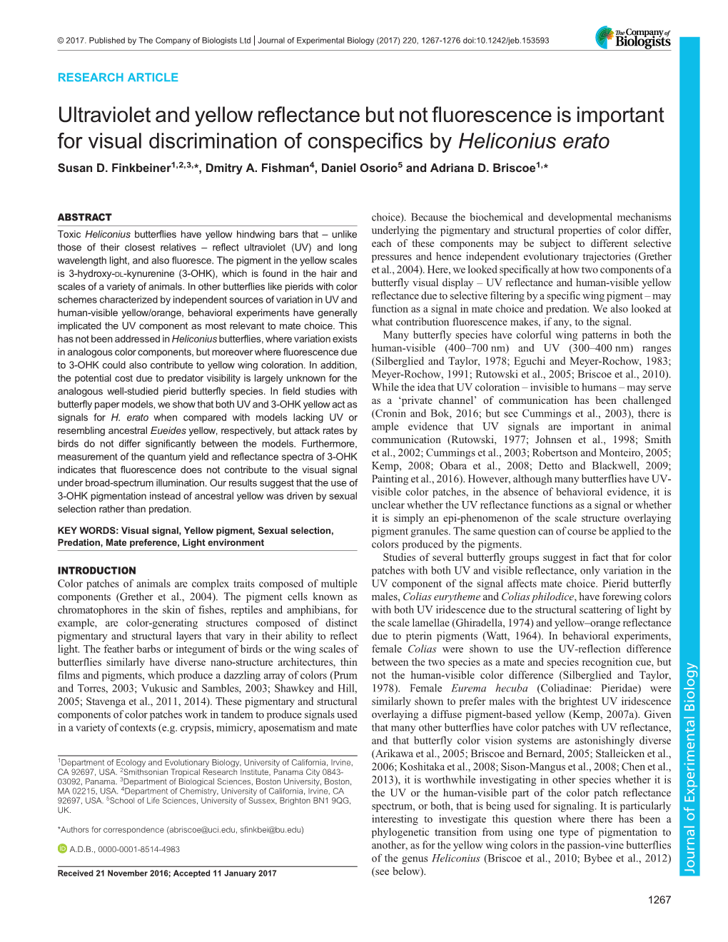 Ultraviolet and Yellow Reflectance but Not Fluorescence Is Important for Visual Discrimination of Conspecifics by Heliconius Erato Susan D