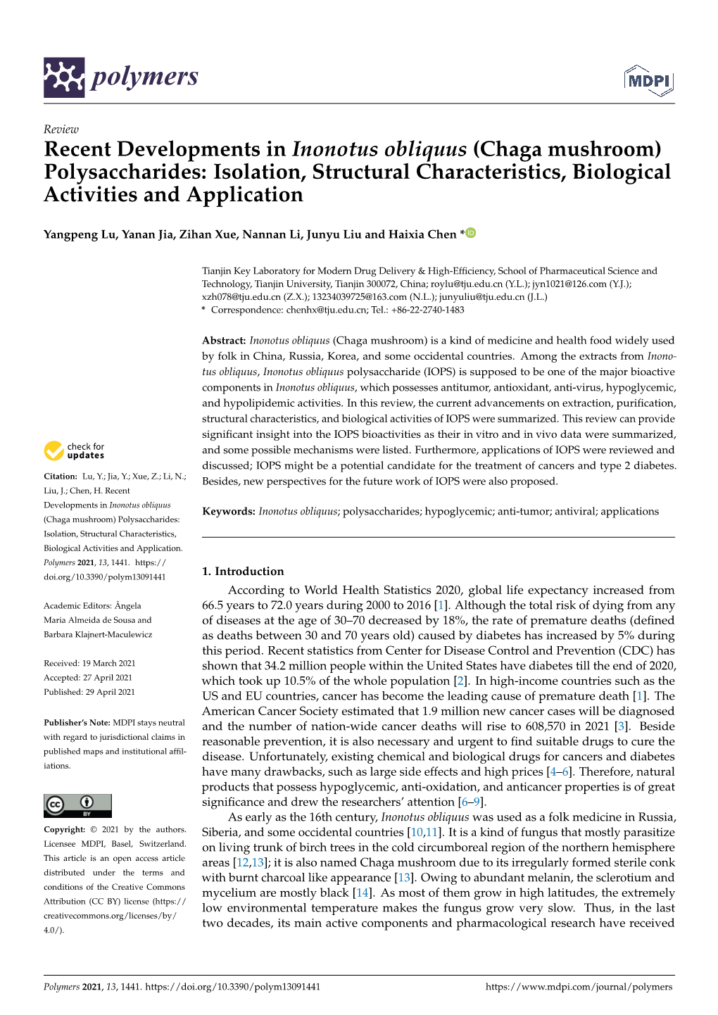 Recent Developments in Inonotus Obliquus (Chaga Mushroom) Polysaccharides: Isolation, Structural Characteristics, Biological Activities and Application