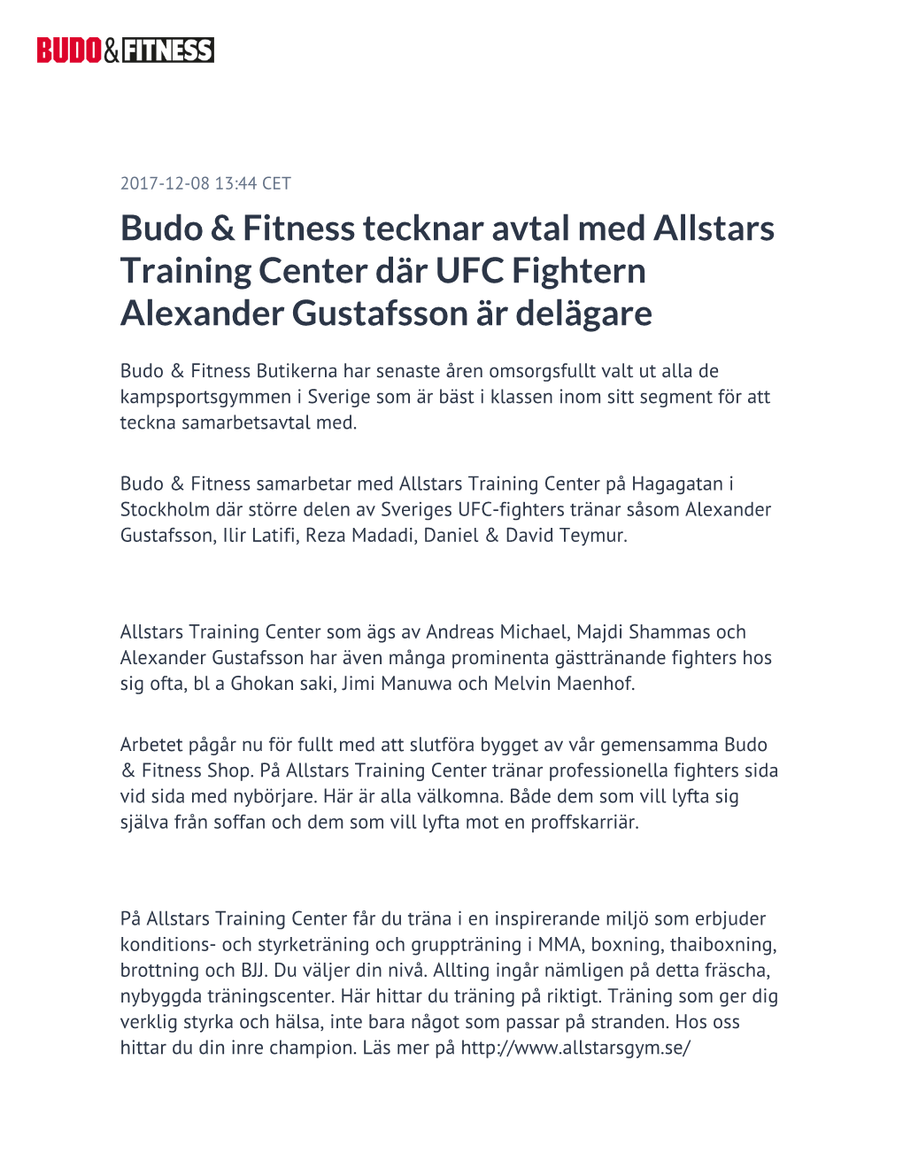 Budo & Fitness Tecknar Avtal Med Allstars Training Center Där UFC