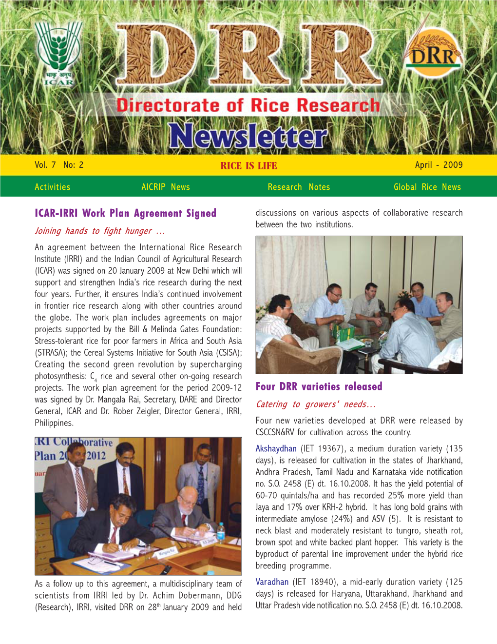 RICE IS LIFE ICAR-IRRI Work Plan Agreement Signed Four DRR