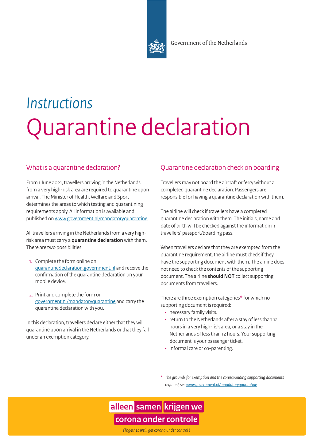 Instructions Quarantine Declaration
