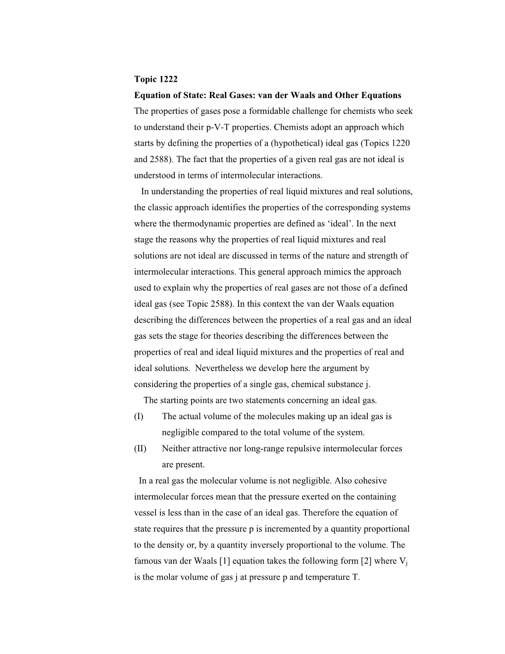 Topic 1222 Equation of State: Real Gases: Van Der Waals and Other