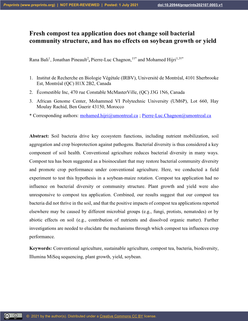 Fresh Compost Tea Application Does Not Change Soil Bacterial Community Structure, and Has No Effects on Soybean Growth Or Yield