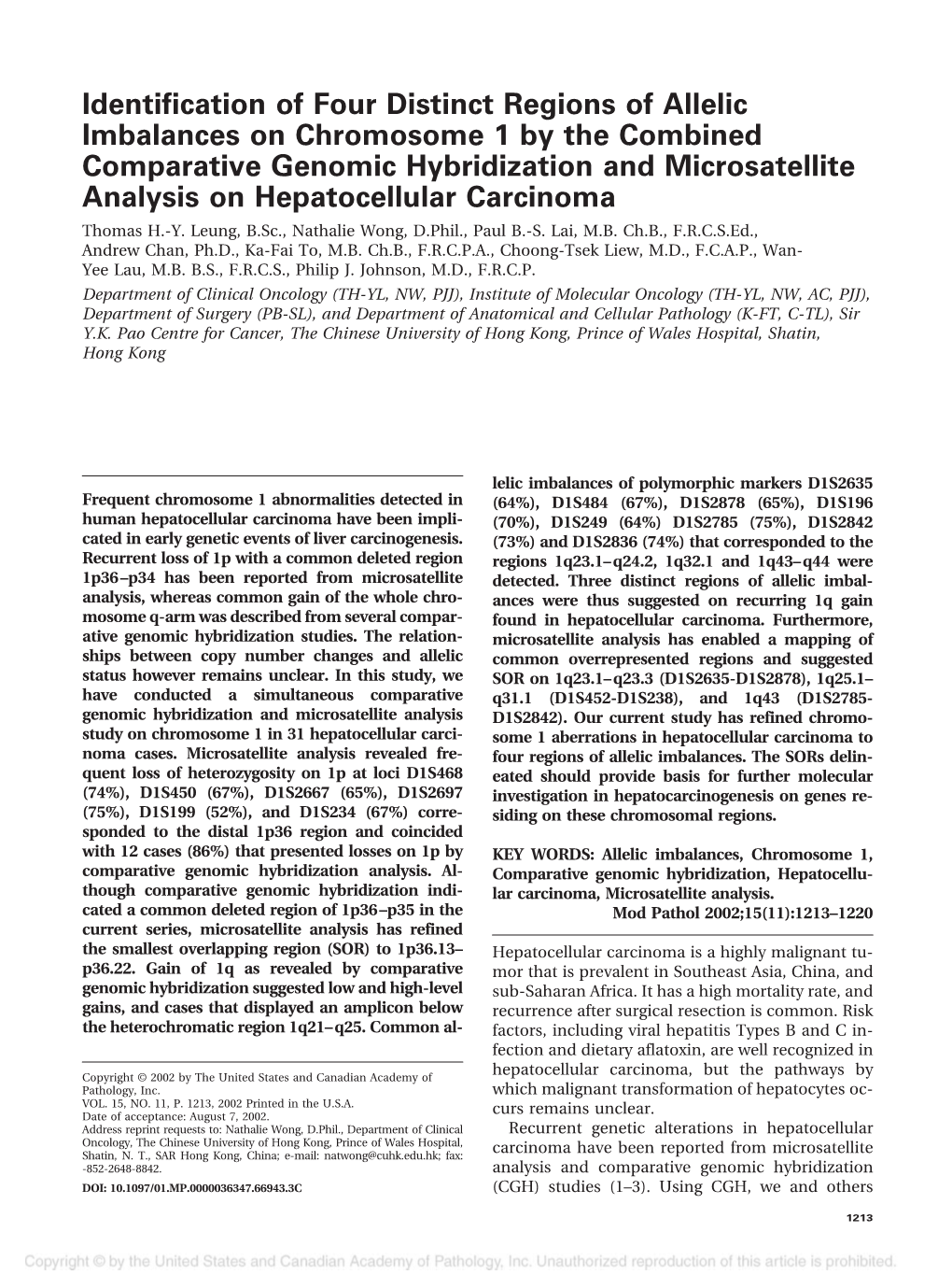 Identification of Four Distinct Regions of Allelic Imbalances On