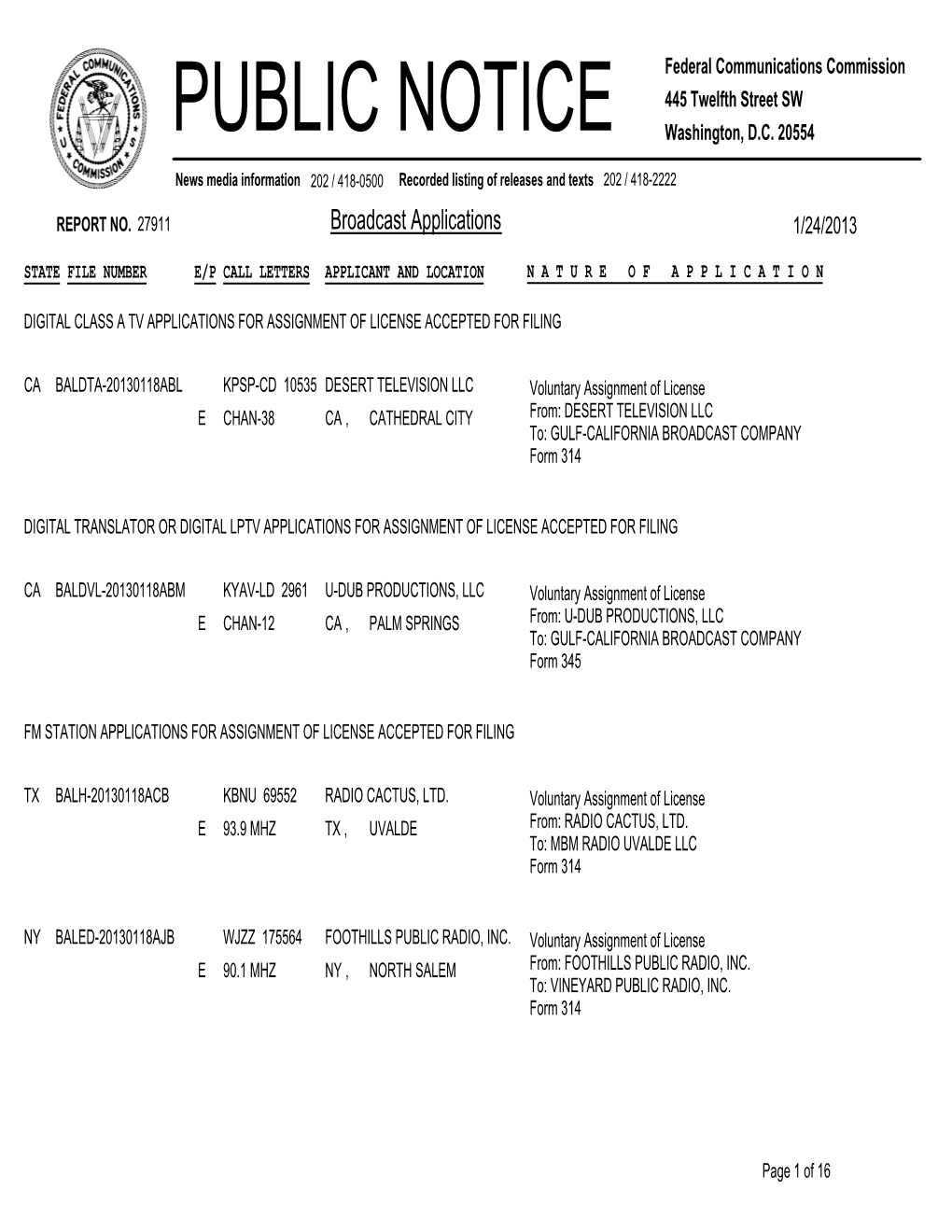 Broadcast Applications 1/24/2013