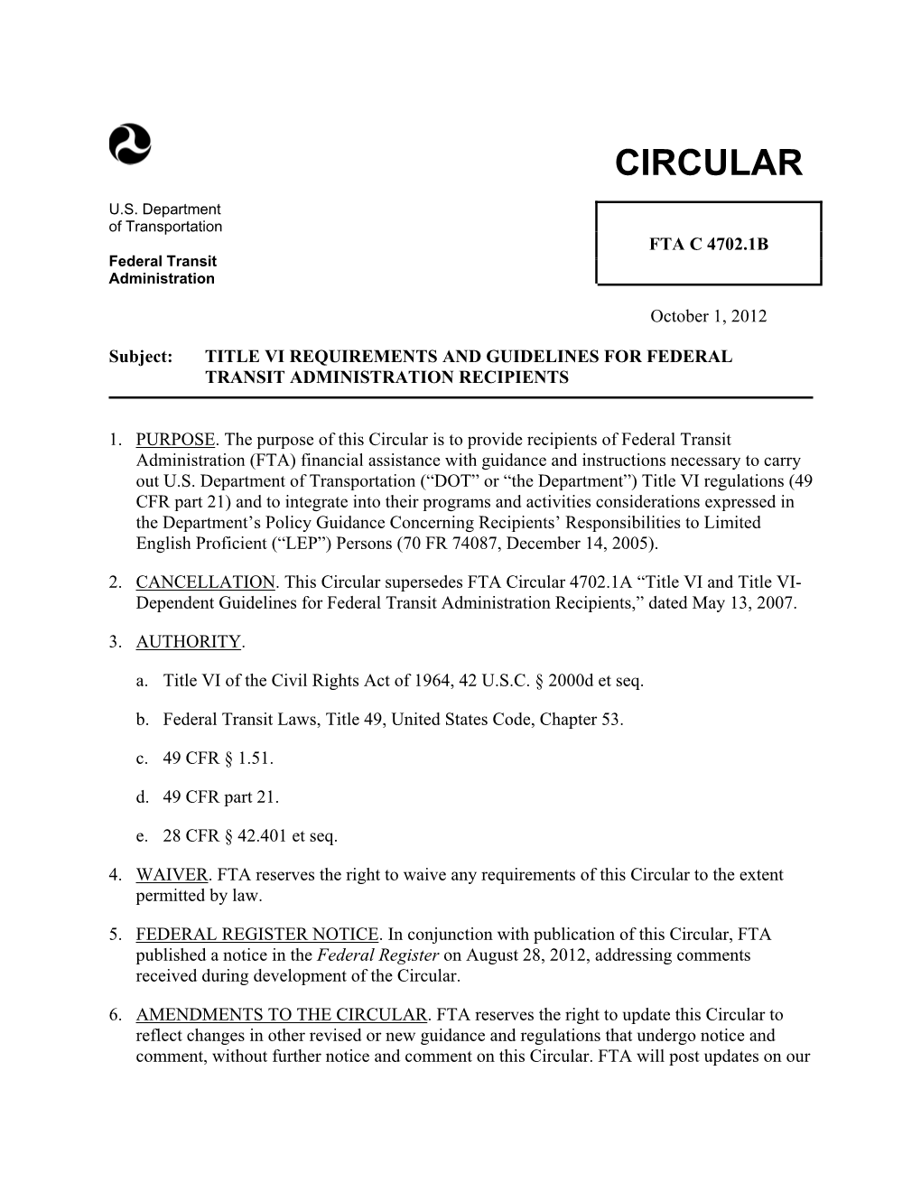 Circular FTA C 4702.1B: Title VI Requirements and Guidelines