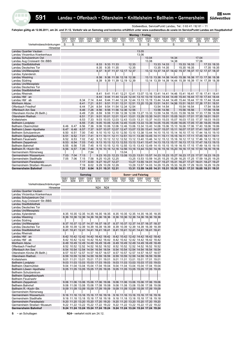 Bellheim − Germersheim 3 Südwestbus, Servicepunkt Landau, Tel.: 0 63 41 / 92 81 − 11 Fahrplan Gültig Ab 12.06.2011, Am 24