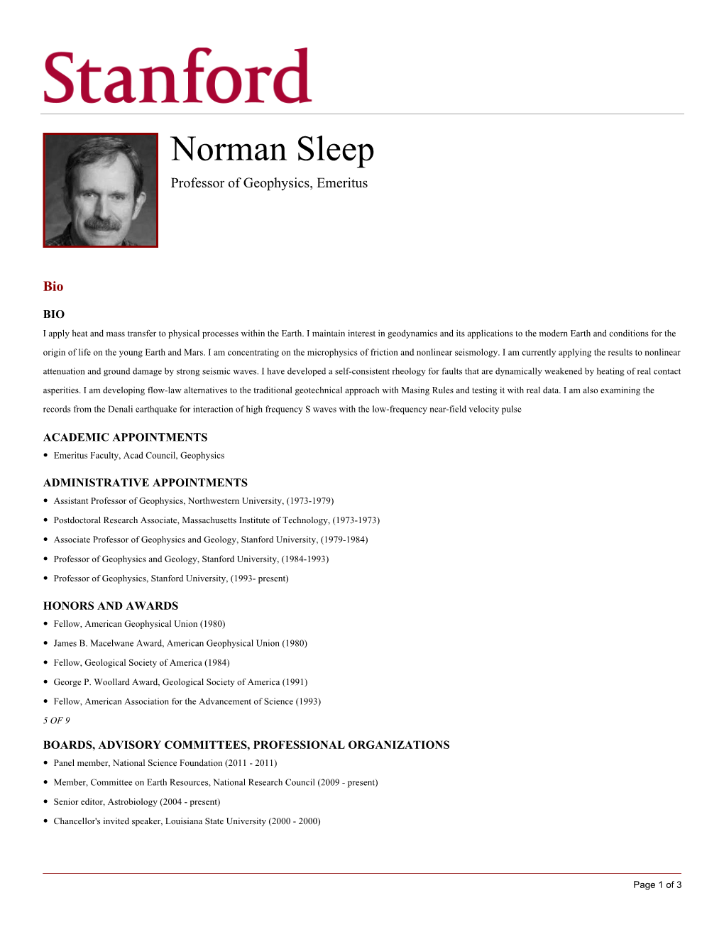 Norman Sleep Professor of Geophysics, Emeritus