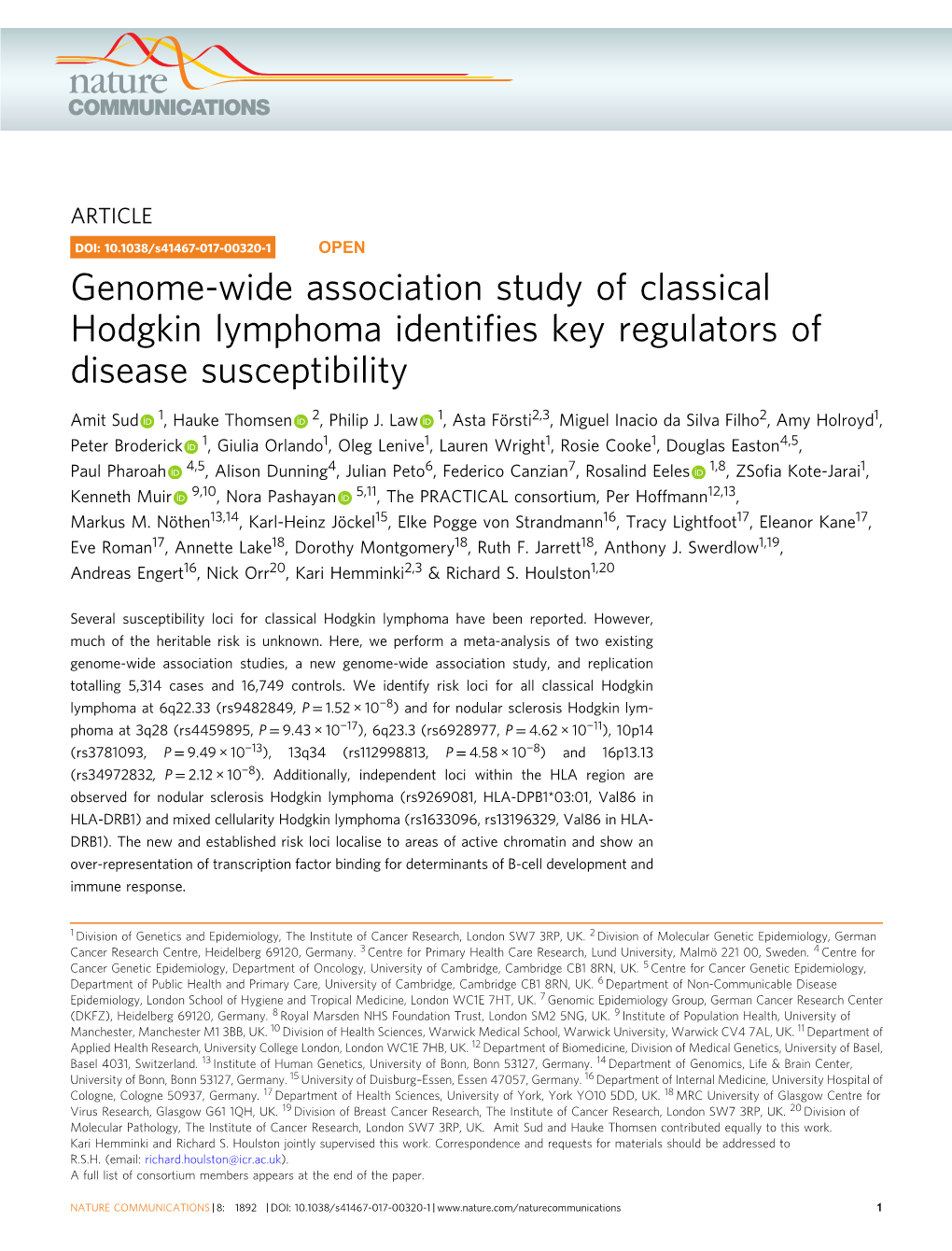 Genome-Wide Association Study of Classical Hodgkin Lymphoma Identiﬁes Key Regulators of Disease Susceptibility