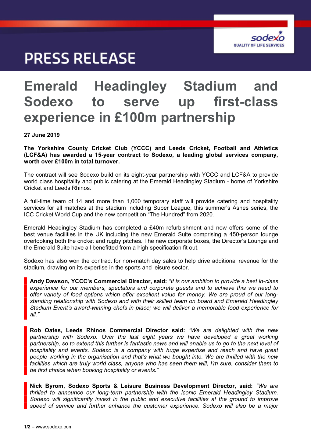 Emerald Headingley Stadium and Sodexo to Serve up First-Class Experience in £100M Partnership