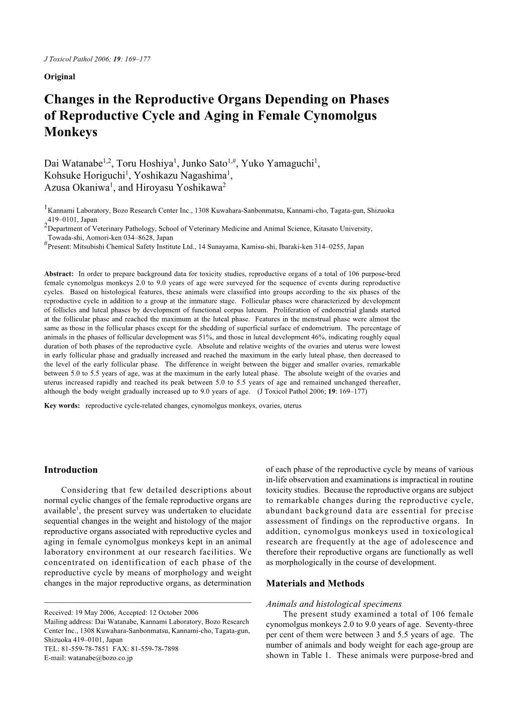 Changes in the Reproductive Organs Depending on Phases of Reproductive Cycle and Aging in Female Cynomolgus Monkeys