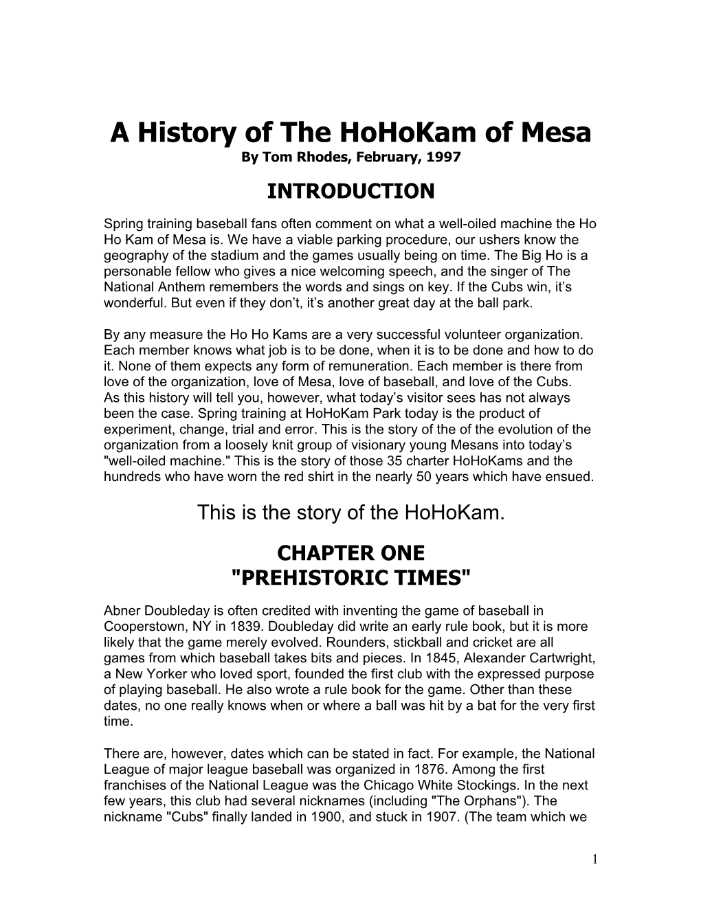 A History of the Hohokam of Mesa by Tom Rhodes, February, 1997