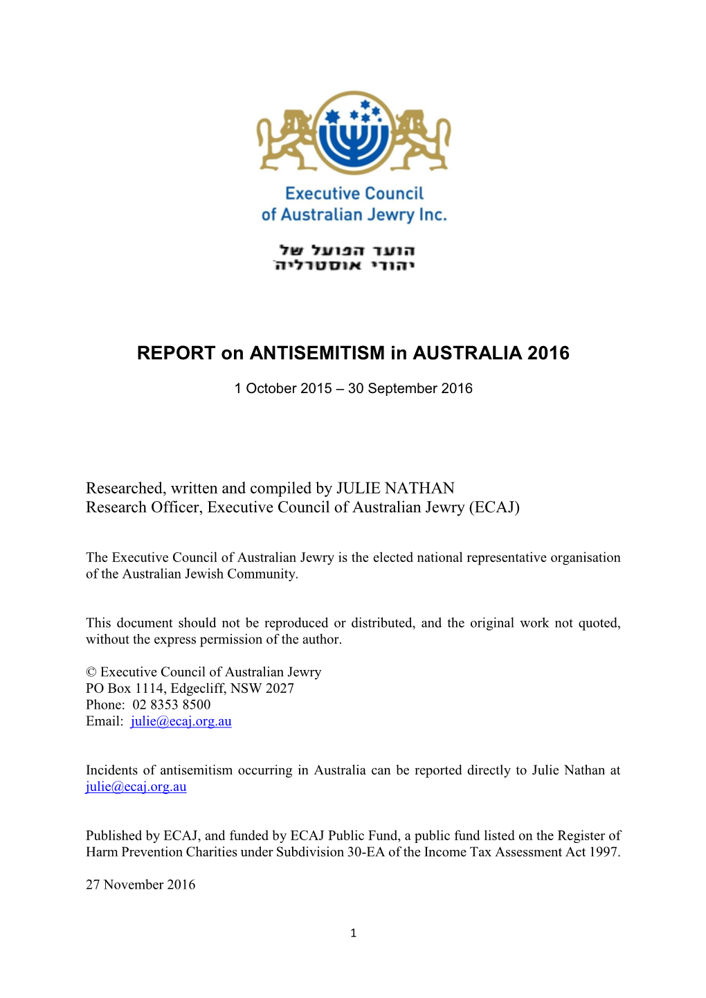 REPORT on ANTISEMITISM in AUSTRALIA 2016