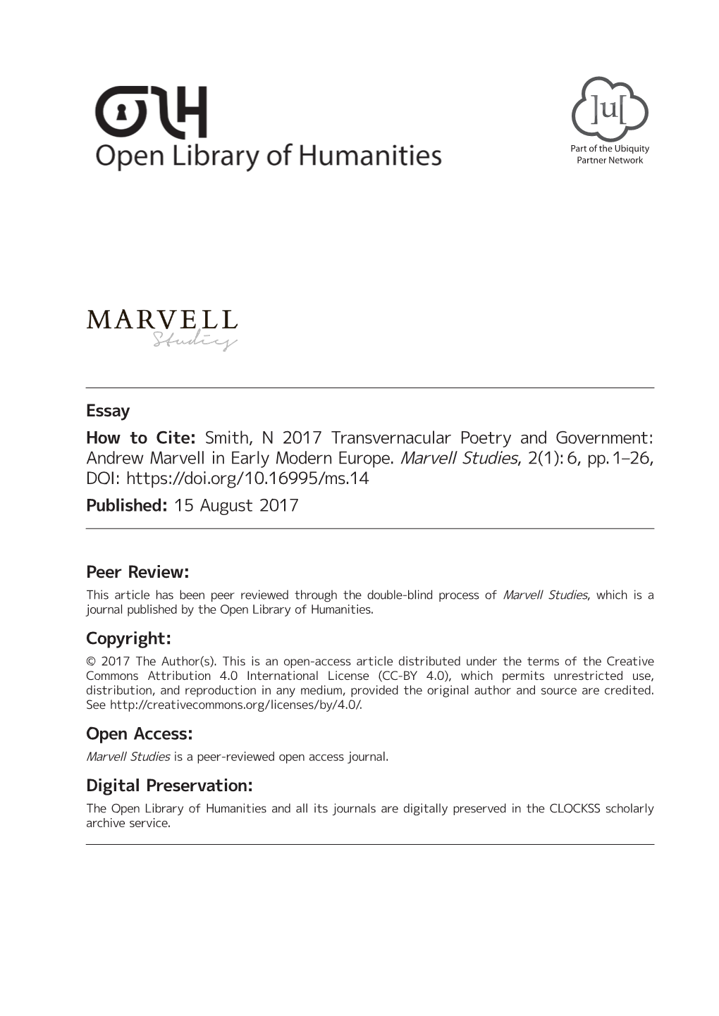 View: This Article Has Been Peer Reviewed Through the Double-Blind Process of Marvell Studies, Which Is a ­Journal Published by the Open Library of Humanities