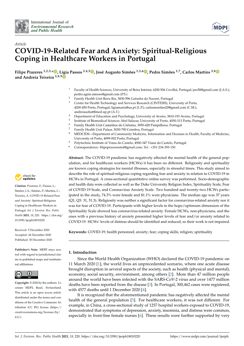 COVID-19-Related Fear and Anxiety: Spiritual-Religious Coping in Healthcare Workers in Portugal