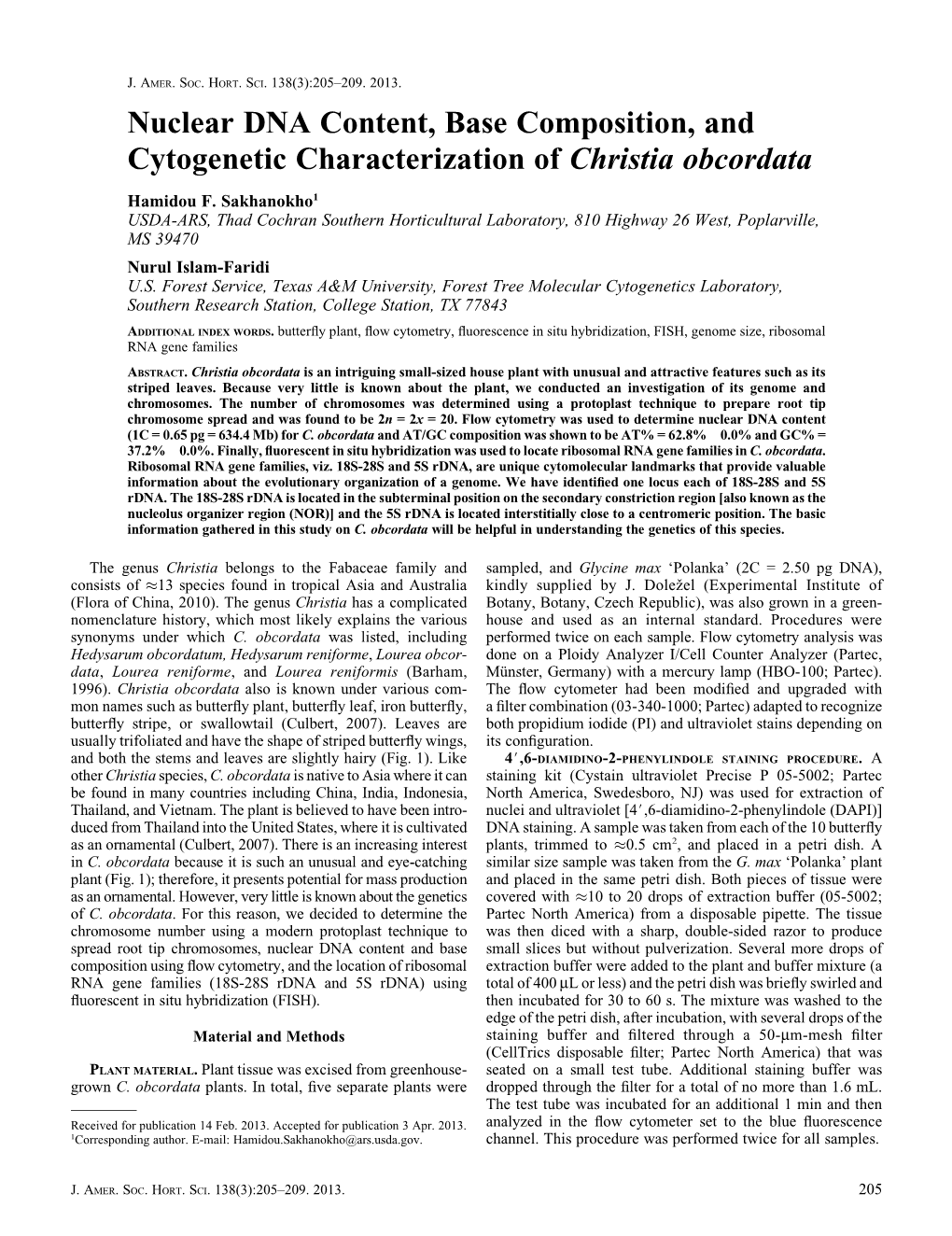 Nuclear DNA Content, Base Composition, and Cytogenetic Characterization of Christia Obcordata