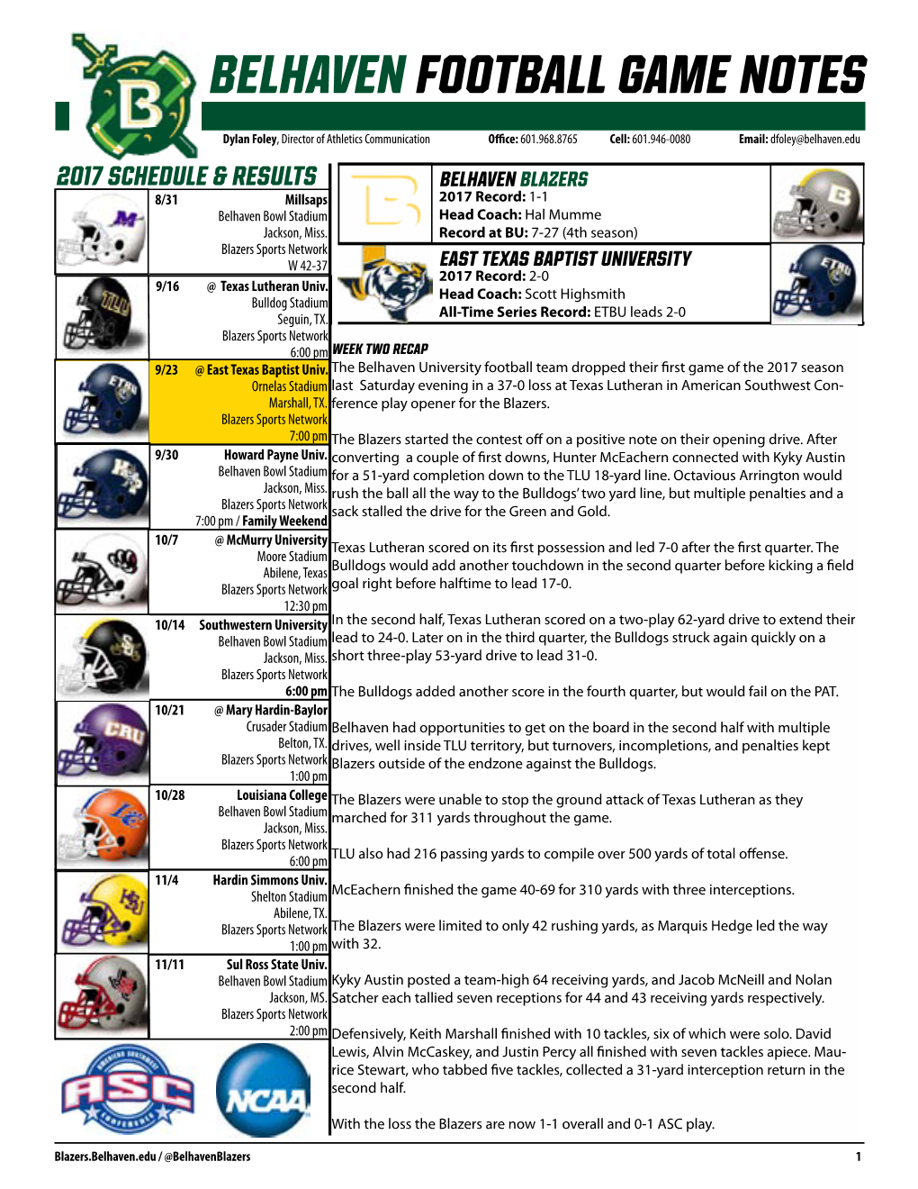 BELHAVEN FOOTBALL Game NOTES