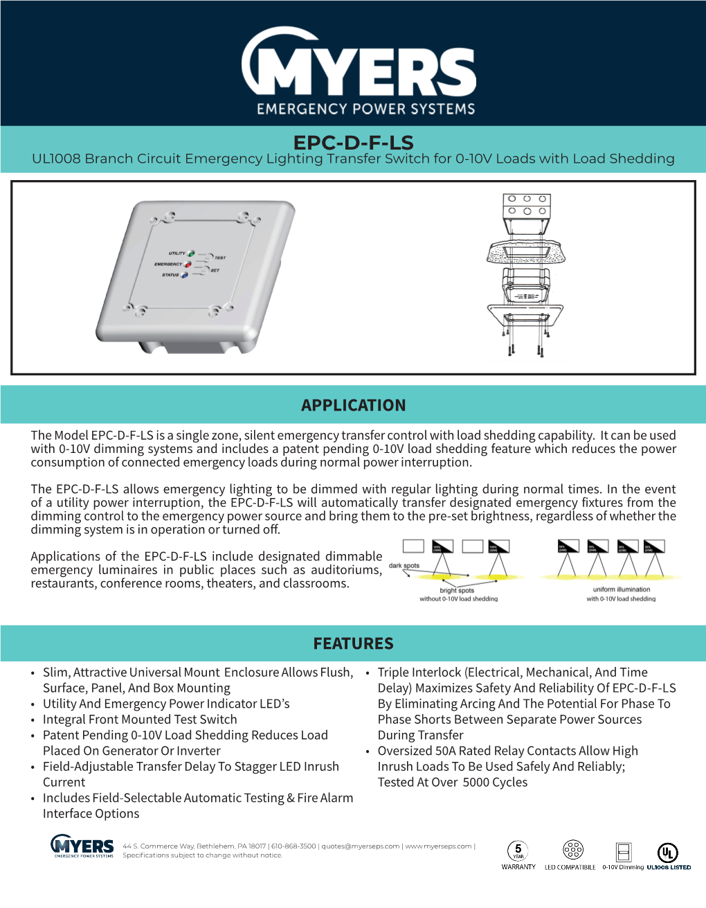 EPC-D-F-LS UL1008 Branch Circuit Emergency Lighting Transfer Switch for 0-10V Loads with Load Shedding