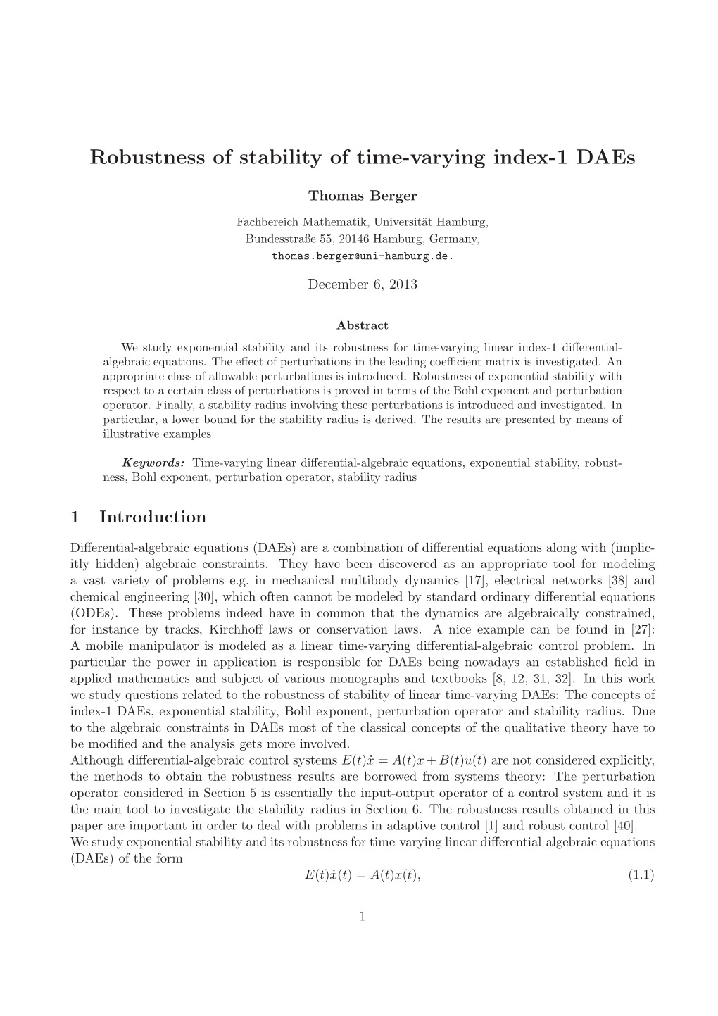 Robustness of Stability of Time-Varying Index-1 Daes