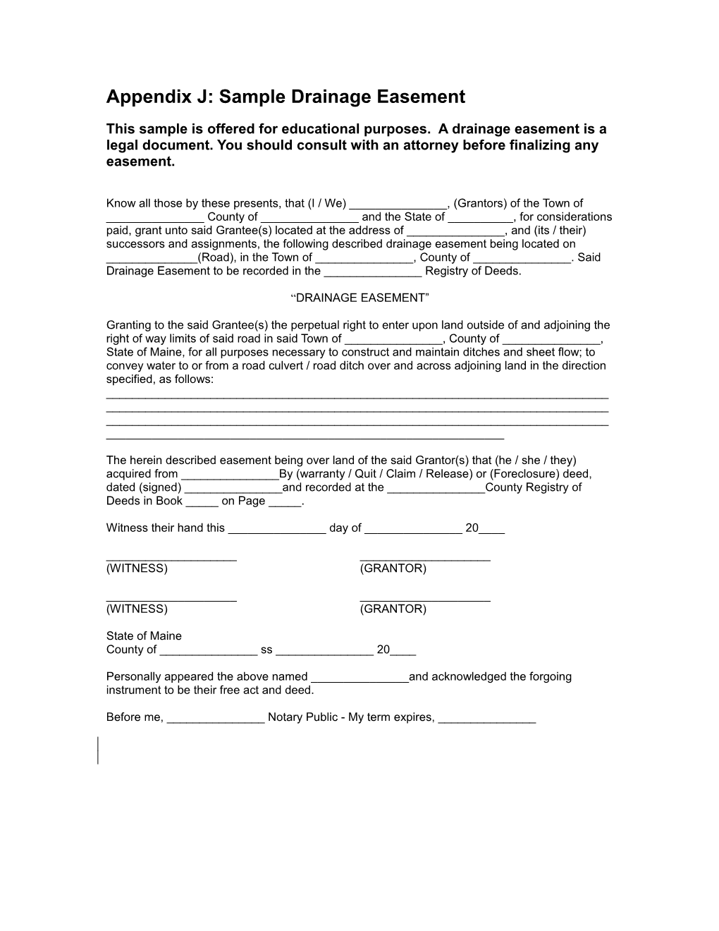 Appendix J: Sample Drainage Easement