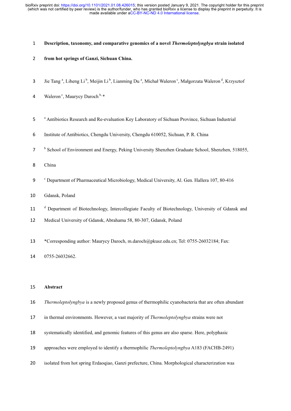 Description, Taxonomy, and Comparative Genomics of a Novel Thermoleptolyngbya Strain Isolated