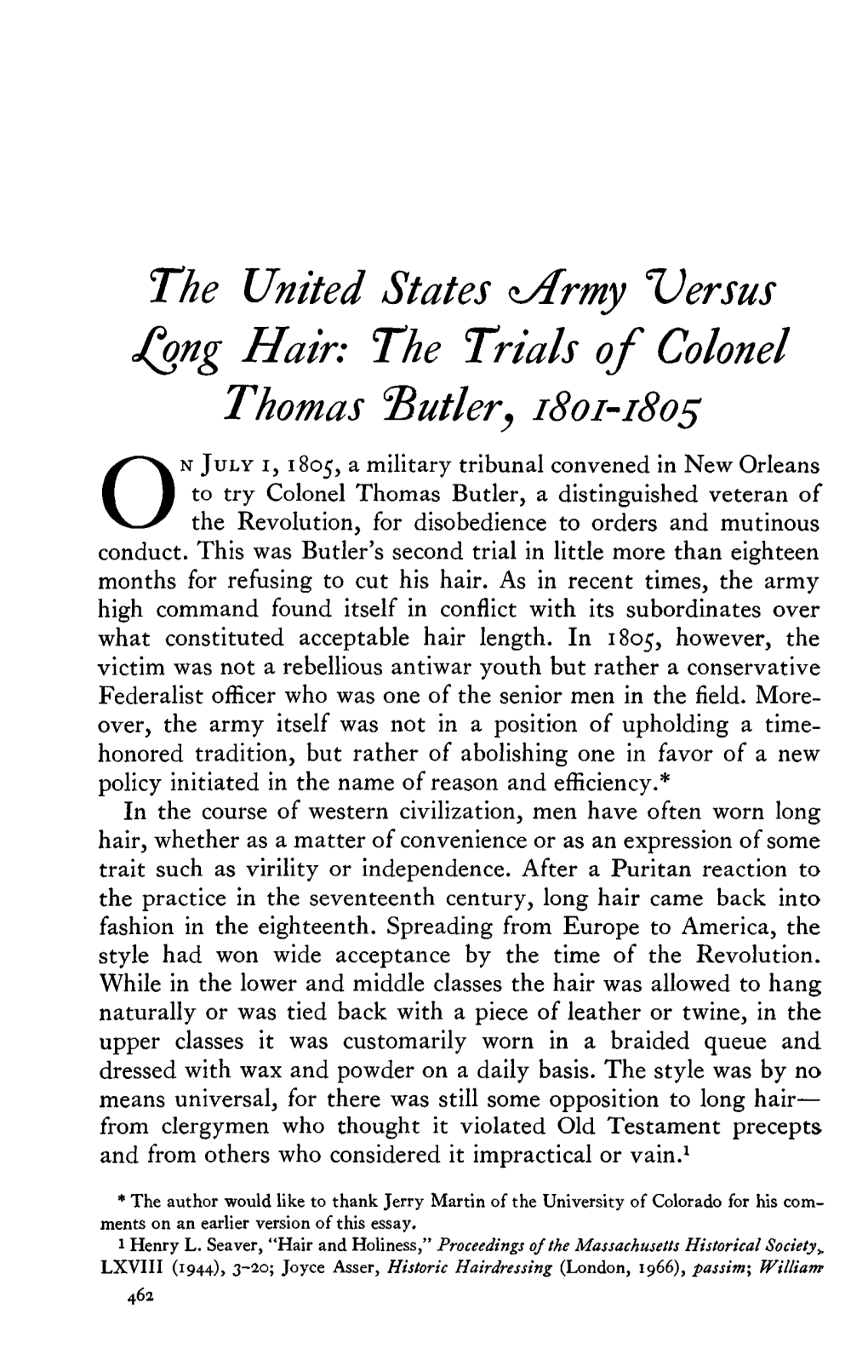 The United States Army 'Versus Long Hair: the Trials of Colonel Thomas Butler, 1801-1805