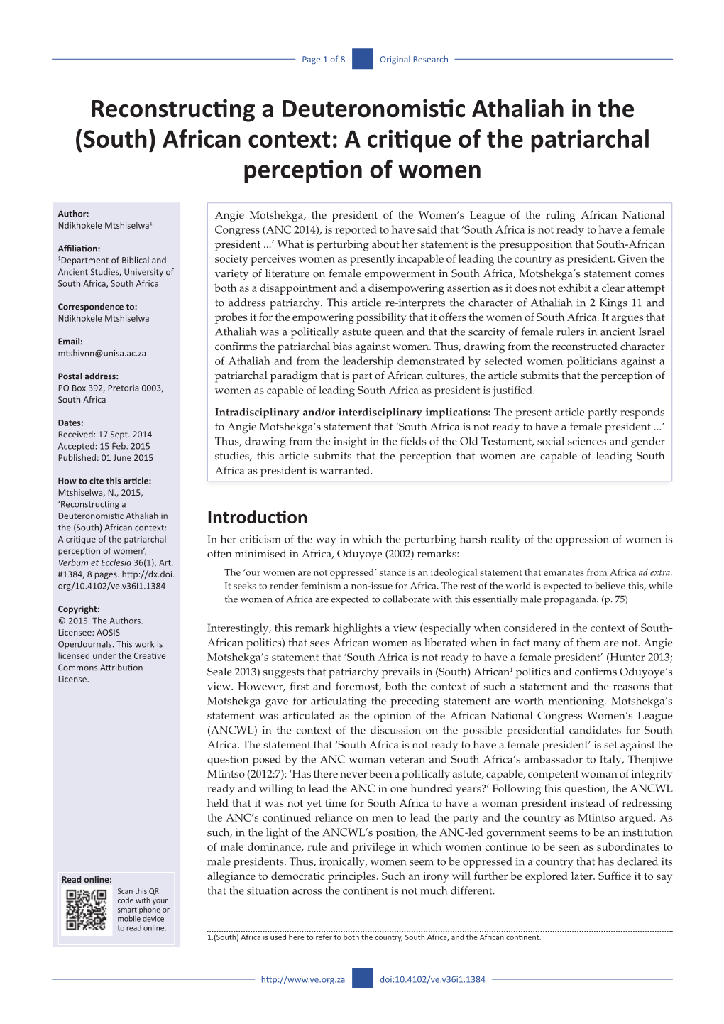 (South) African Context: a Critique of the Patriarchal Perception of Women